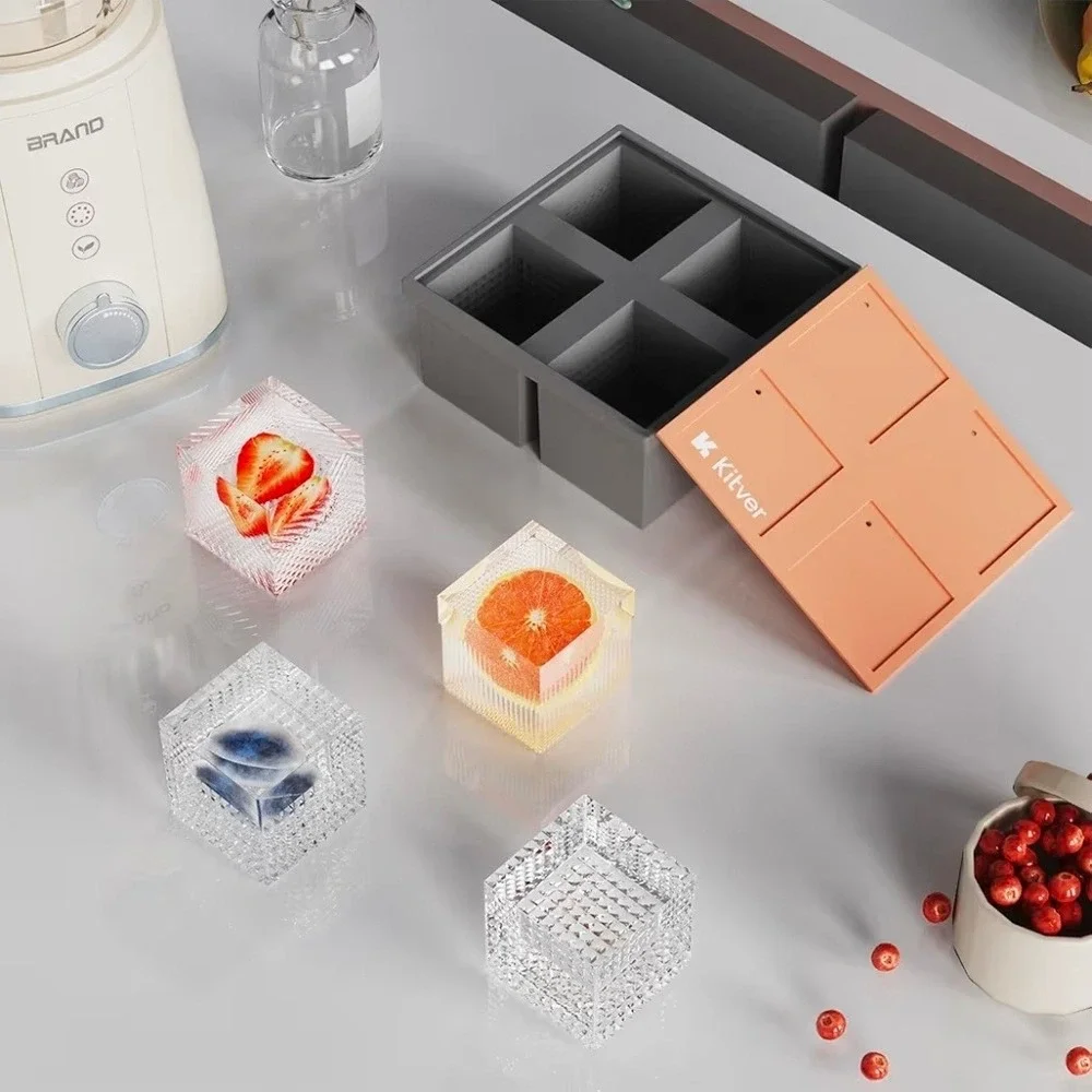 Kitver Big Square Ice Cube‎ Tray Silicone 4-Cell Mold with Lid Grey Orange NEW